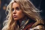armor, woman, blonde, female, ai, face, blue, ai generated