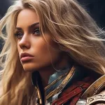 armor, woman, blonde, female, ai, face, blue, ai generated