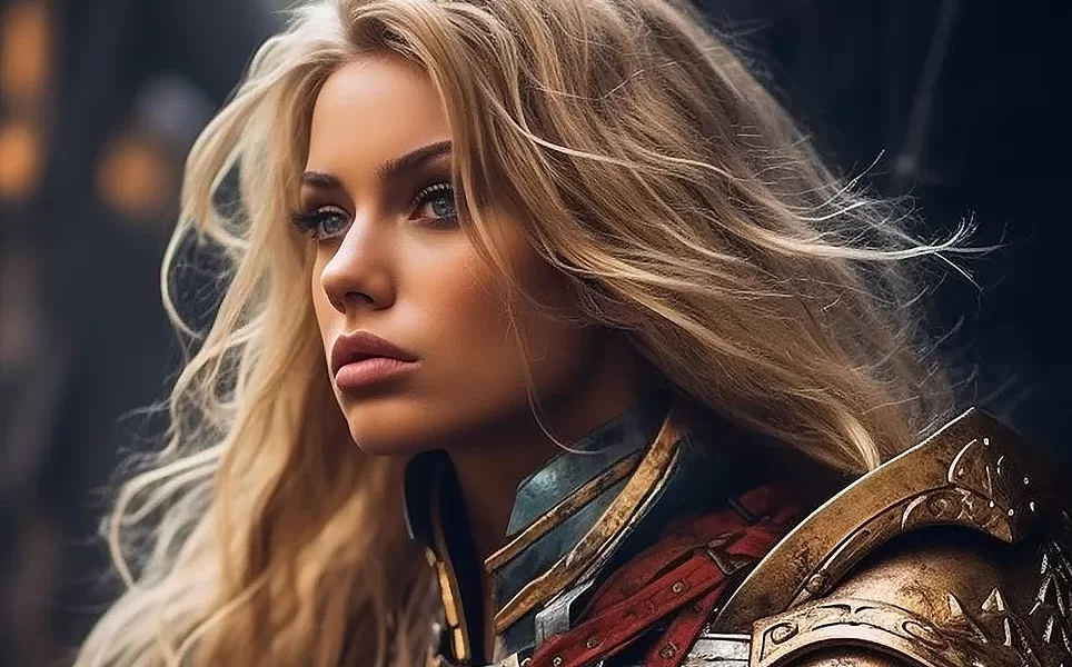 armor, woman, blonde, female, ai, face, blue, ai generated